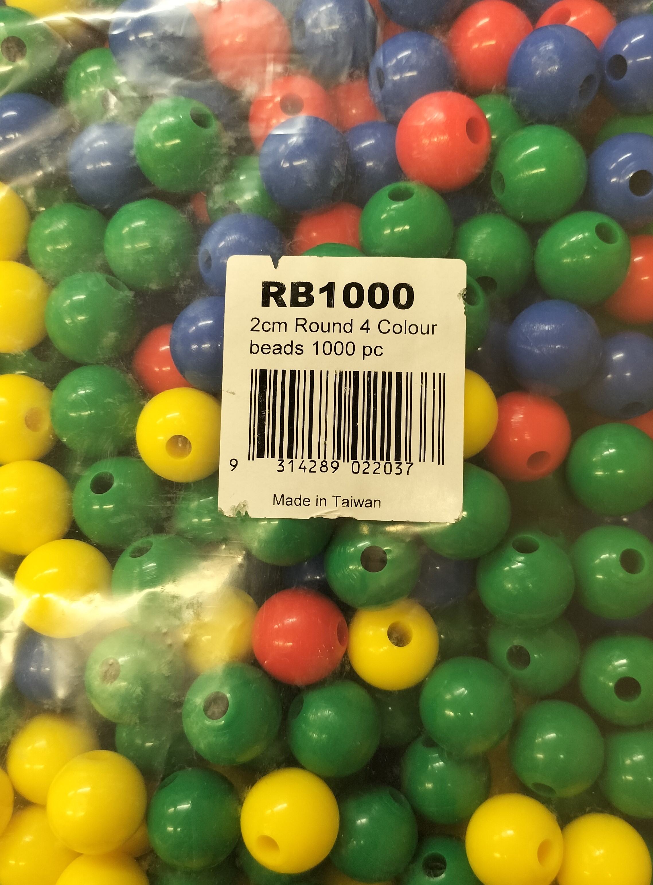 Bead Plastic Round 20mm Red,Bkue,Grn,Yel. Bag 1000